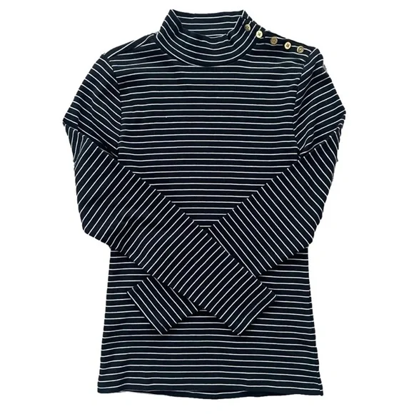 J. Crew Black Striped Gold Button Mock Neck Long Sleeve Top, S - Picture 6 of 12